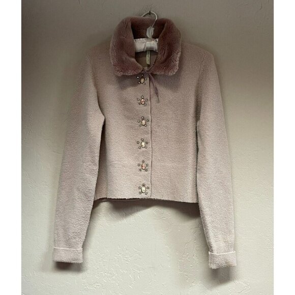 easel Jackets & Blazers - Vintage Easel Women's Snap Button Beige Faux Fur Trim Detachable Collar Jacket